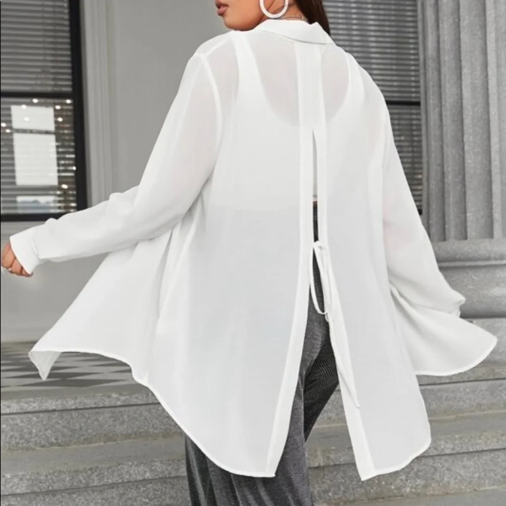 Boho Plus Size Slit Open back Button Shirt Top Blouse Black - Picture 5 of 10